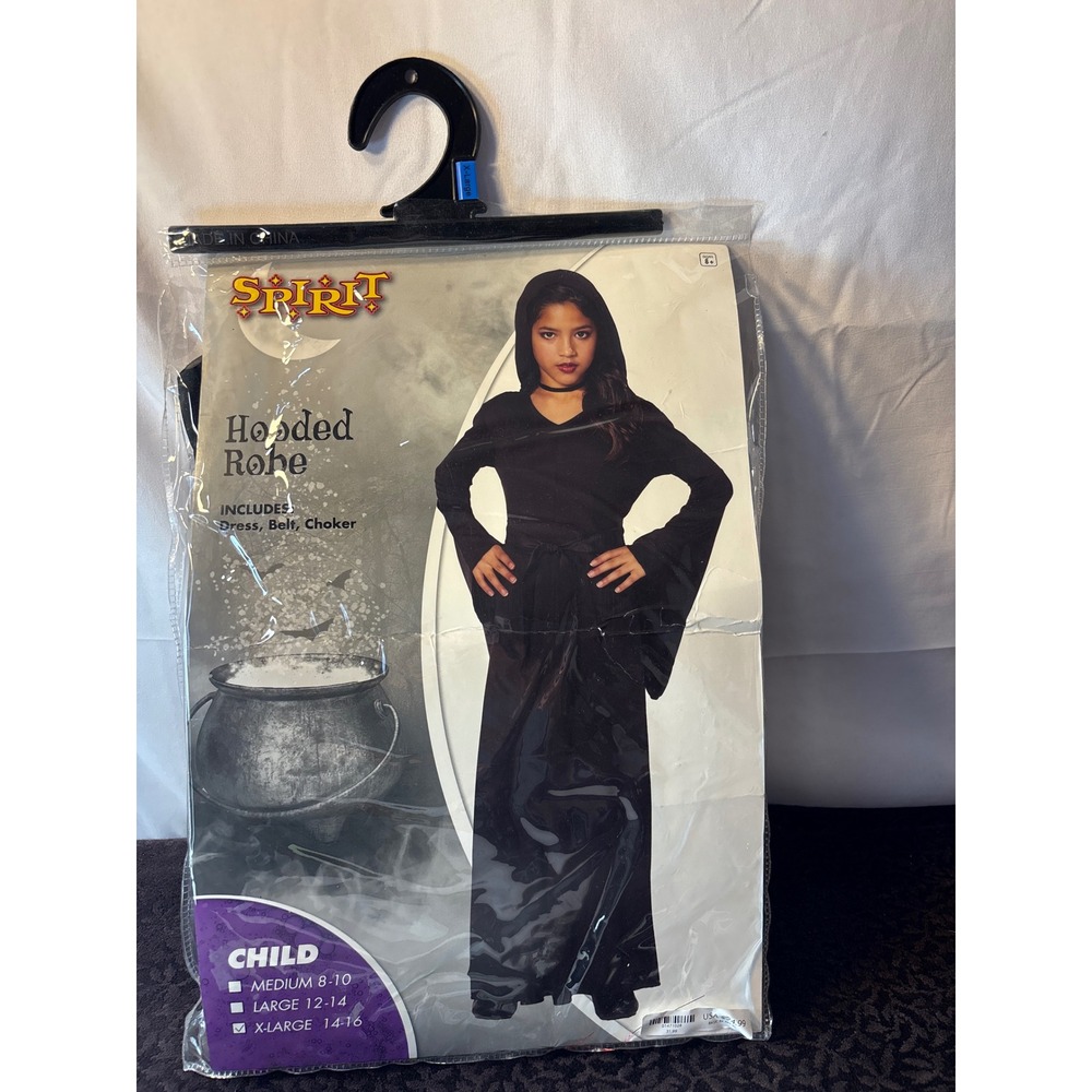 Spirit Halloween Kids Hooded Robe Costume Black Witch Gothic XL 14-16